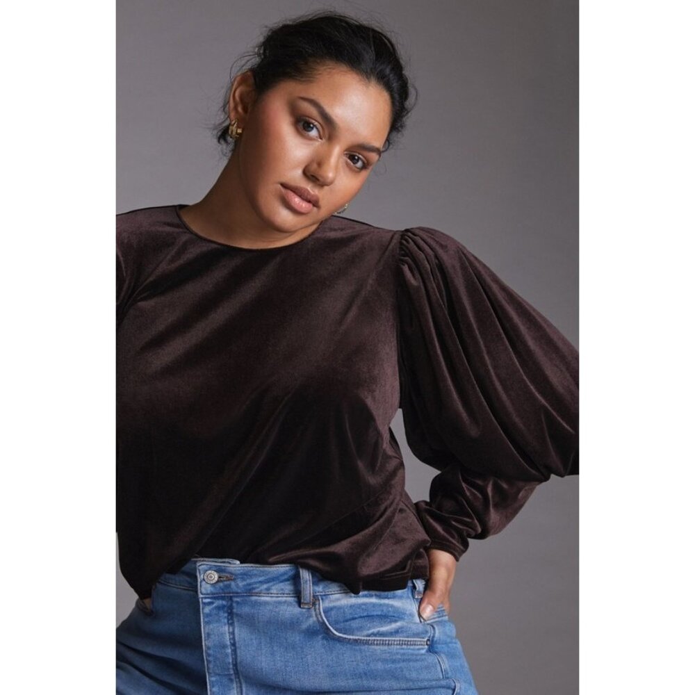 Anthropologie Sunday In Brooklyn Puff-Slv stretch Velvet Blouse top, S gothcore